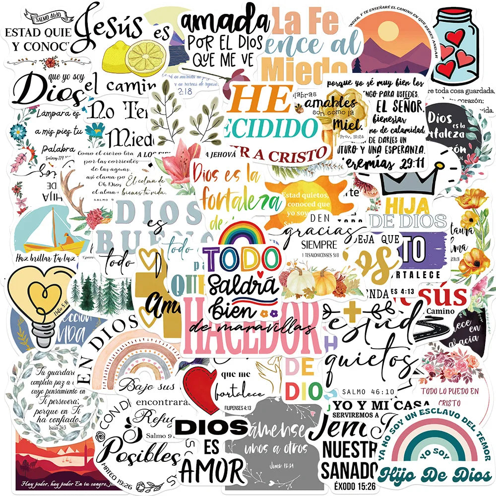 50Pcs Inspirational Spanish Bible Quotes Graffiti Stickers for Book Bottle Vinyl Jesus Phrases Word Decal Sticker