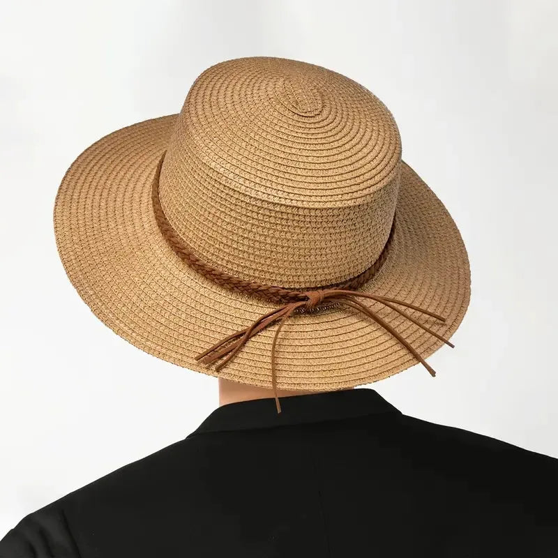 Unisex Summer Flat Top Strip Decoration British French Style Simple Jazz Woven Sun Protection Beach Sunshade for Casual