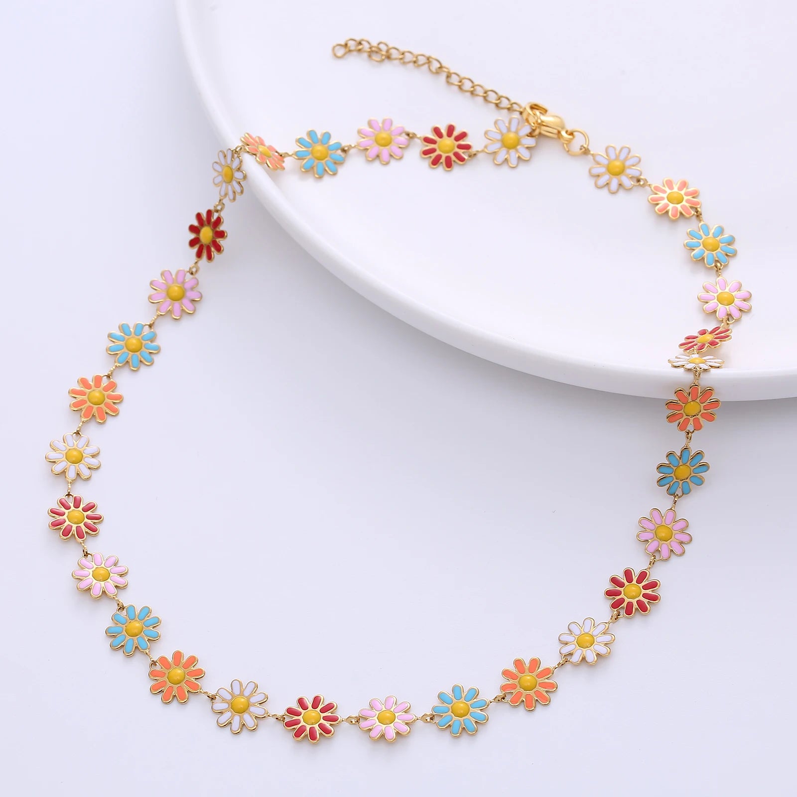 Stainless Steel Enamel Jewelry Bohemia Multicolored Hawaii Flower Charm Choker Necklace