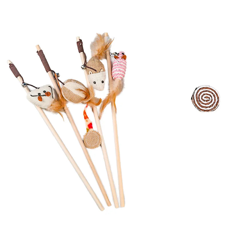 Durable Interactive Cat Teasing Stick Toy ECO-Friendly Wooden Cat Stick Toy Sisal Mouse Cat Feather Toy With Cheap Price