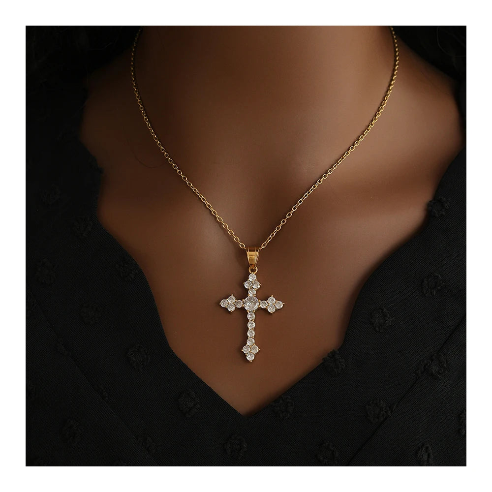 YF3584 Fashion Waterproof Jewelry 18K Gold Plated Stainless Steel Micro Insert Cubic Zirconia Jesus Cross Pendant Necklace