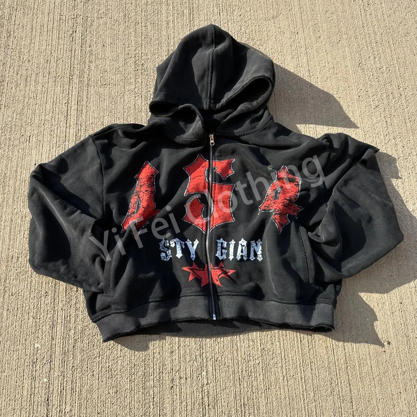 Sun Faded Hoodie 400 Gsm French Terry Lightweight Custom Distressed 100% Cotton Zip up Acid Wash Vintage Destroyed Hoodie