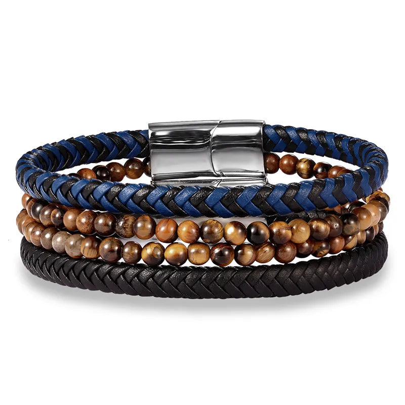 Fashion Simple Punk Wristband Natural Stone Bangle Accessories Genuine Leather Stainless Steel Bracelet Man Jewelry