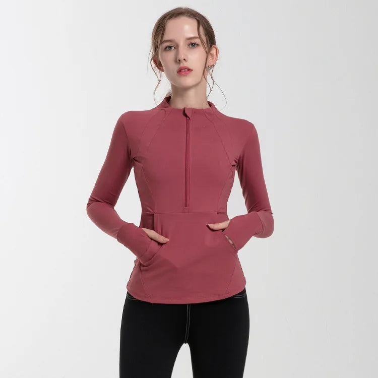 Ready to Ship Women's Plus Size Long Sleeve Yoga Tee Stand Collar Half Zip Sports Wear Gym Clothing Printed Fitness Tops