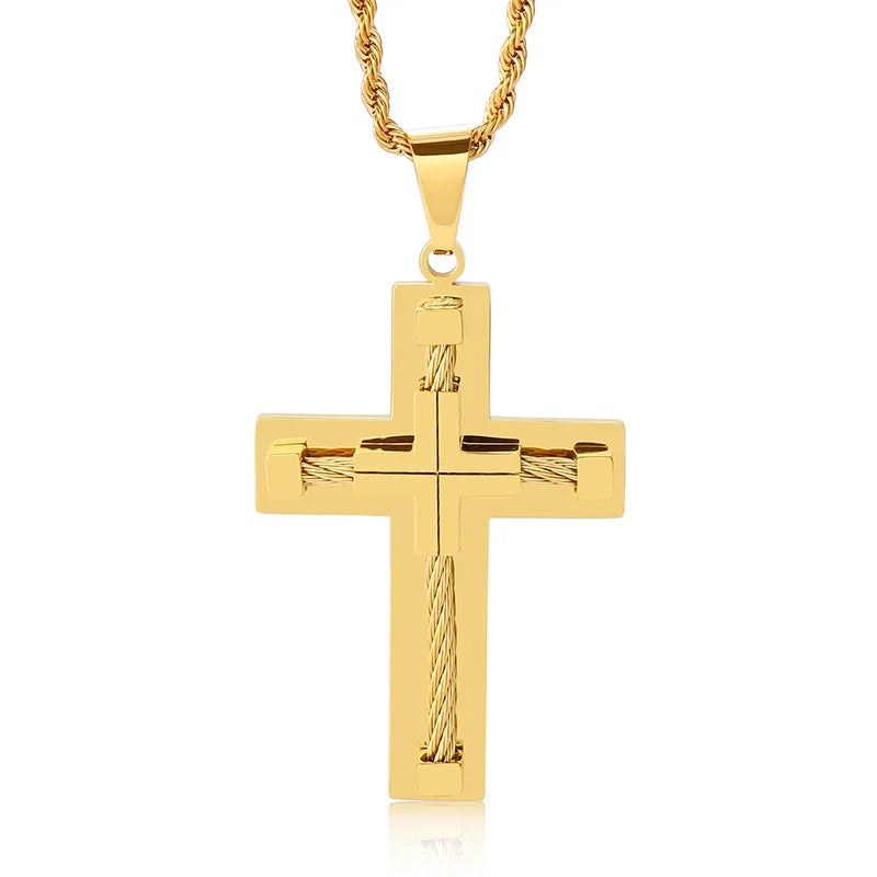 Kalen Stainless Steel Cross Jewelry Black Silver 18K Gold Vacuum Plated Paved Wire Cross Pendants Necklace for Men