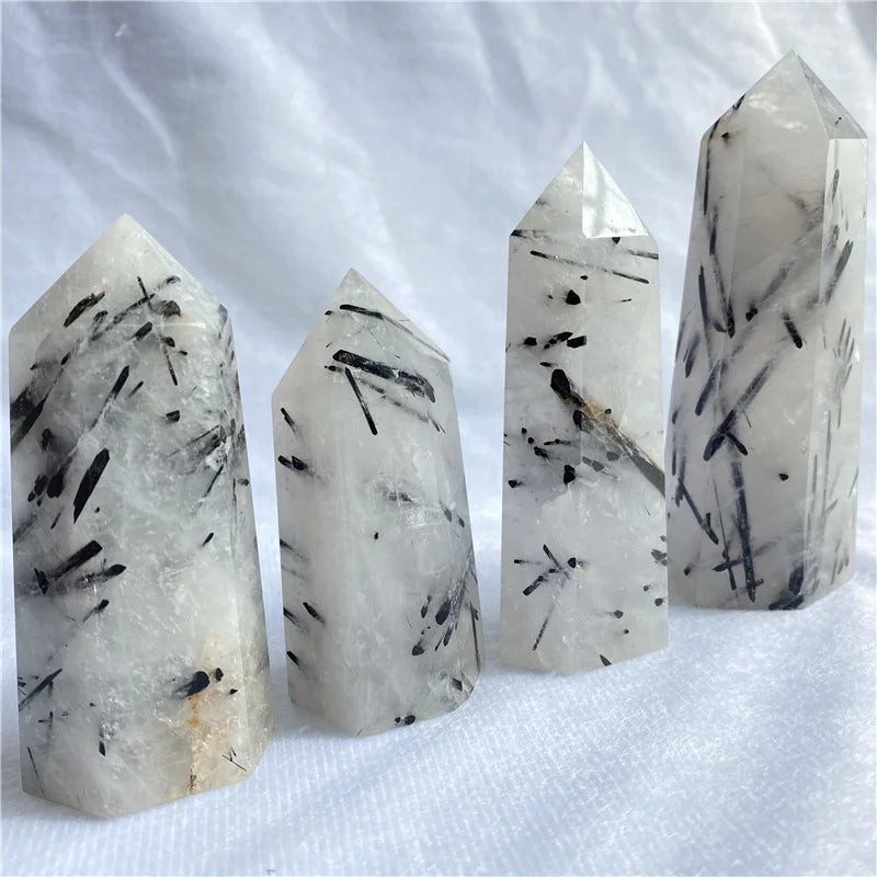 Natural Black Tourmaline Rutilated Quartz Crystal Point Crystal Wand Healing Point