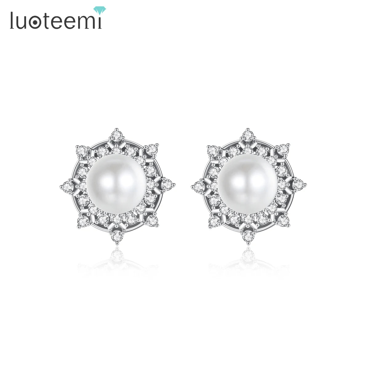 LUOTEEMI Flower Wedding Charm Jewelry Zircon Lady Earing Woman Cubic Zirconia Popular Pearl Stud Earrings