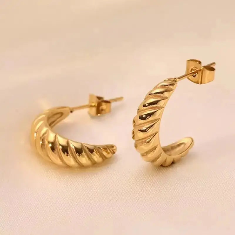 Top Selling 18K Gold Plated Stainless Steel Jewelry Trendy C Shape Twisted Cuffed Hoop Earrings Tarnish-Free Gold Gifts Parties