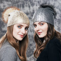 Wholesale Womens Knitted Beanie Hats With Real Fur Pompom Custom Trendy Sparkling Style Winter Hats Double Layer