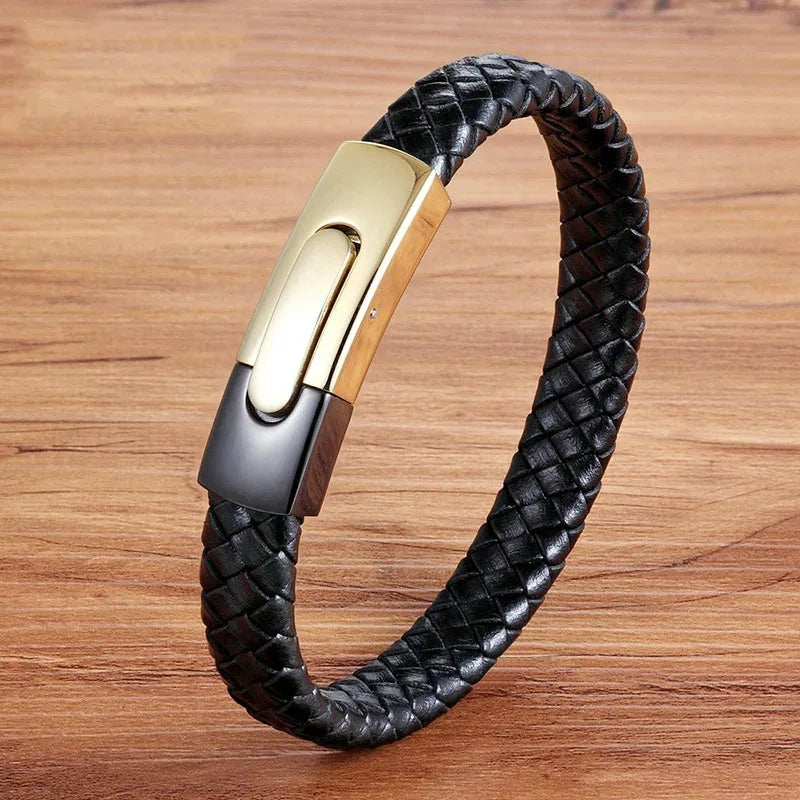 Trendy Men Jewelry Gift Handmade Braided Leather Bracelet Stainless Steel PVD Plating Leather Cuff Bracelet for Men Party Gift
