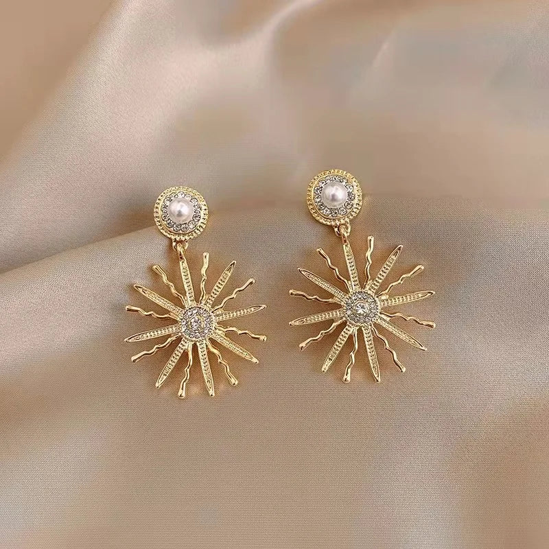 925 Silver Needle Pearl Sunflower Earrings Statement Micro Inlaid Rhinestone Sun Earring for Women