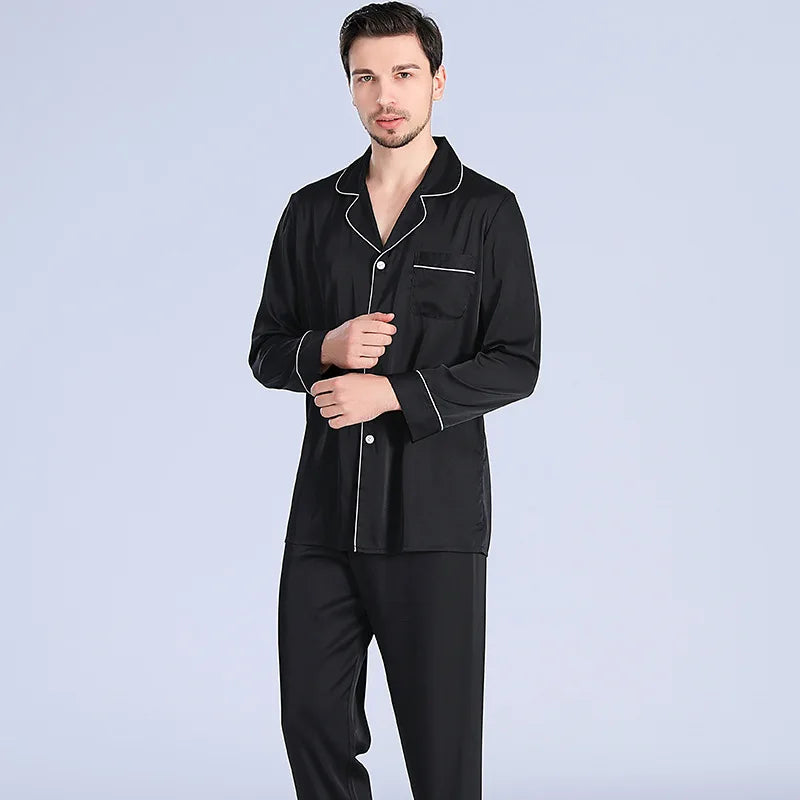 Solid Black Satin Men Pajamas White Piping Contrast New Arrival Men Long Pajamas Azul Color