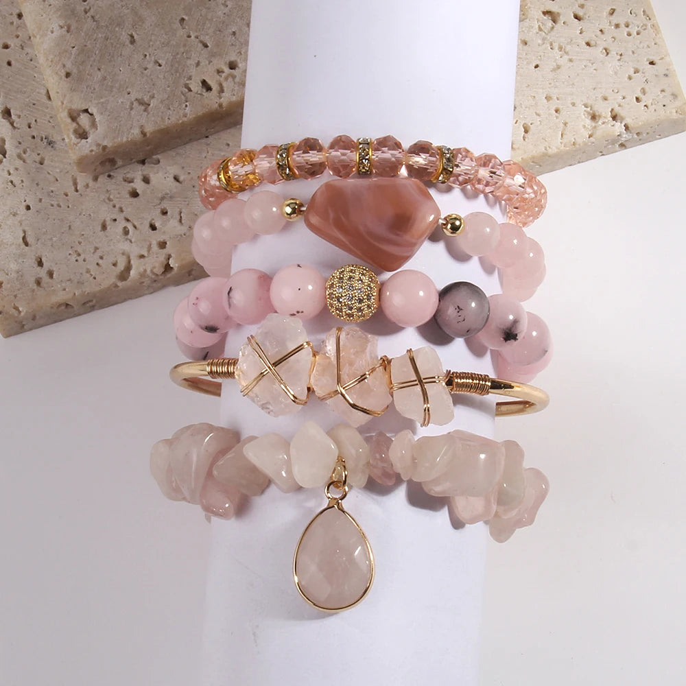 Custom Boho Women Jewelry 5pcs Gemstone Crystal Glass Acrylic Bracelet Irregular Stone Bangle Drop Stone Stack Bracelet Set