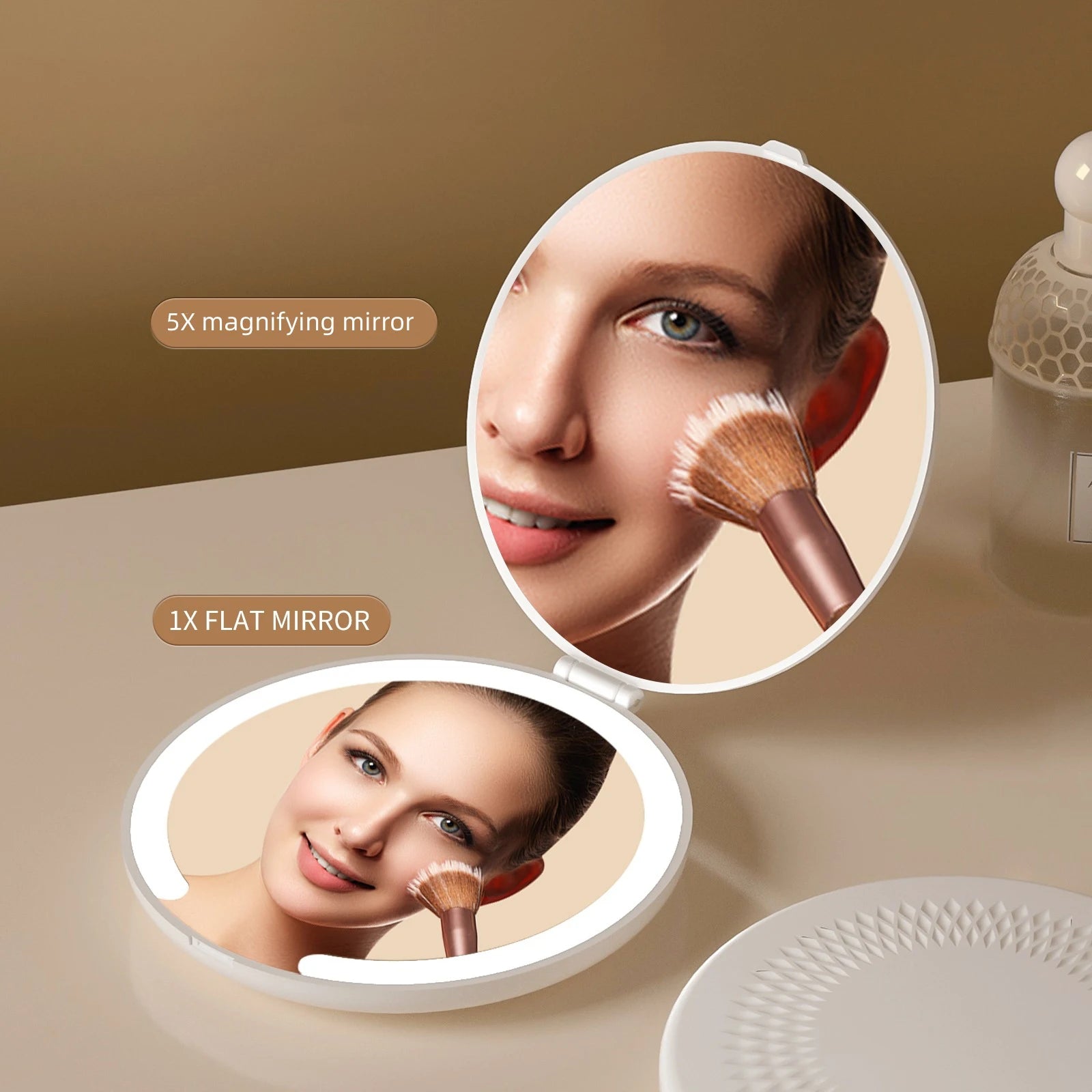 Zonyin LED Travel Cosmetic Mirror 5X Magnification Round Foldable Double-Sided Mini Makeup Compact Pocket Mirror With Lighted