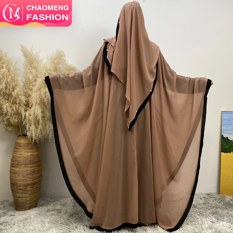 6763# Lightweight Chiffon Adjustable Waist Abaya Ramadan Eid Mubarak Dubai Kaftan Abayas With White Pearls 5 Colors