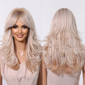 Blonde Layered Wavy Synthetic Wigs Medium Length Wig with Bangs Ombre Blonde Highlight Hair for Women Fluffy Soft Wig