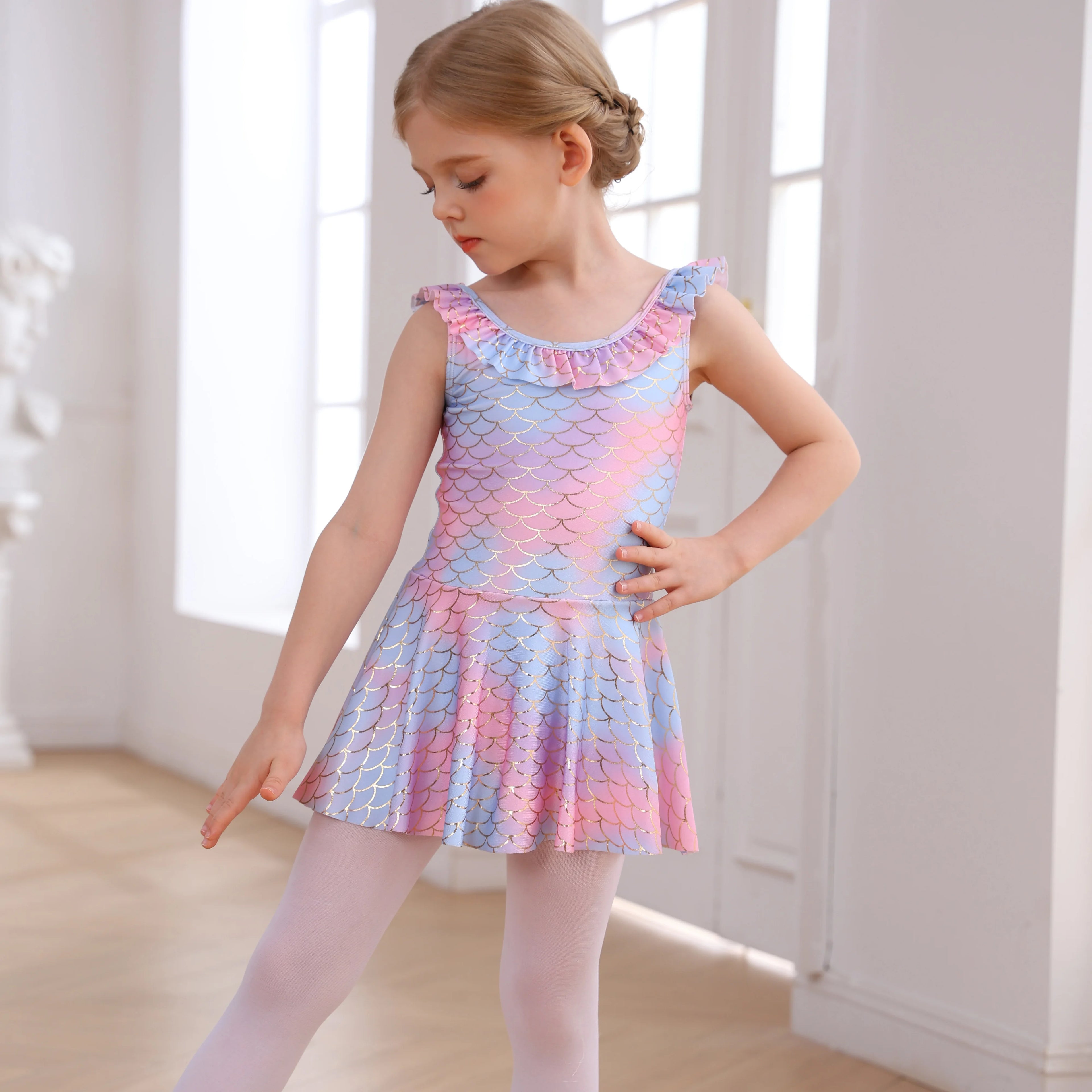 B105 New Arriving Colorful Fish Scale Golden Patterns Neck Lace Dress Ballet Leotard Kids Gymnastics Leotards for Girls