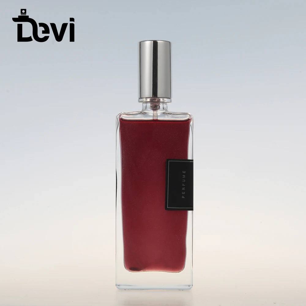 Devi Professional Luxury Rectangular Glass Perfume Bottle with Silver Cap and Lid Hot Stamping Carton Packing