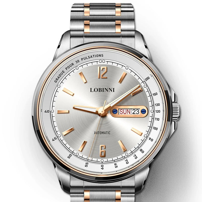 For LOBINNI Men's Automatic Mechanical Watches Day/Week Self-Luminous with Stainless Steel Band Water Resistant and Slim Design