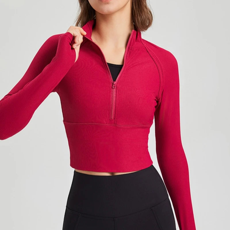 Women's Long Sleeve Crop Top Quick Dry Cropped Workout Shirts Half Zip Pullover Running Athletic Shirt Casual Ribbed Tops