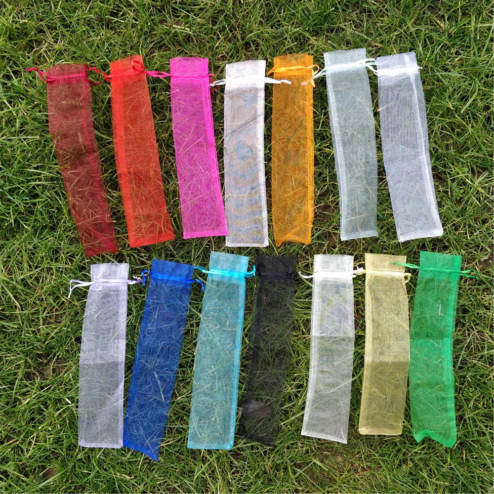 MU Long Size 6*27cm Long Pen Bamboo Fan Package Mesh Organza Bag Pen Bag Jewelry Pouch Drawstring Gift Organza Bag