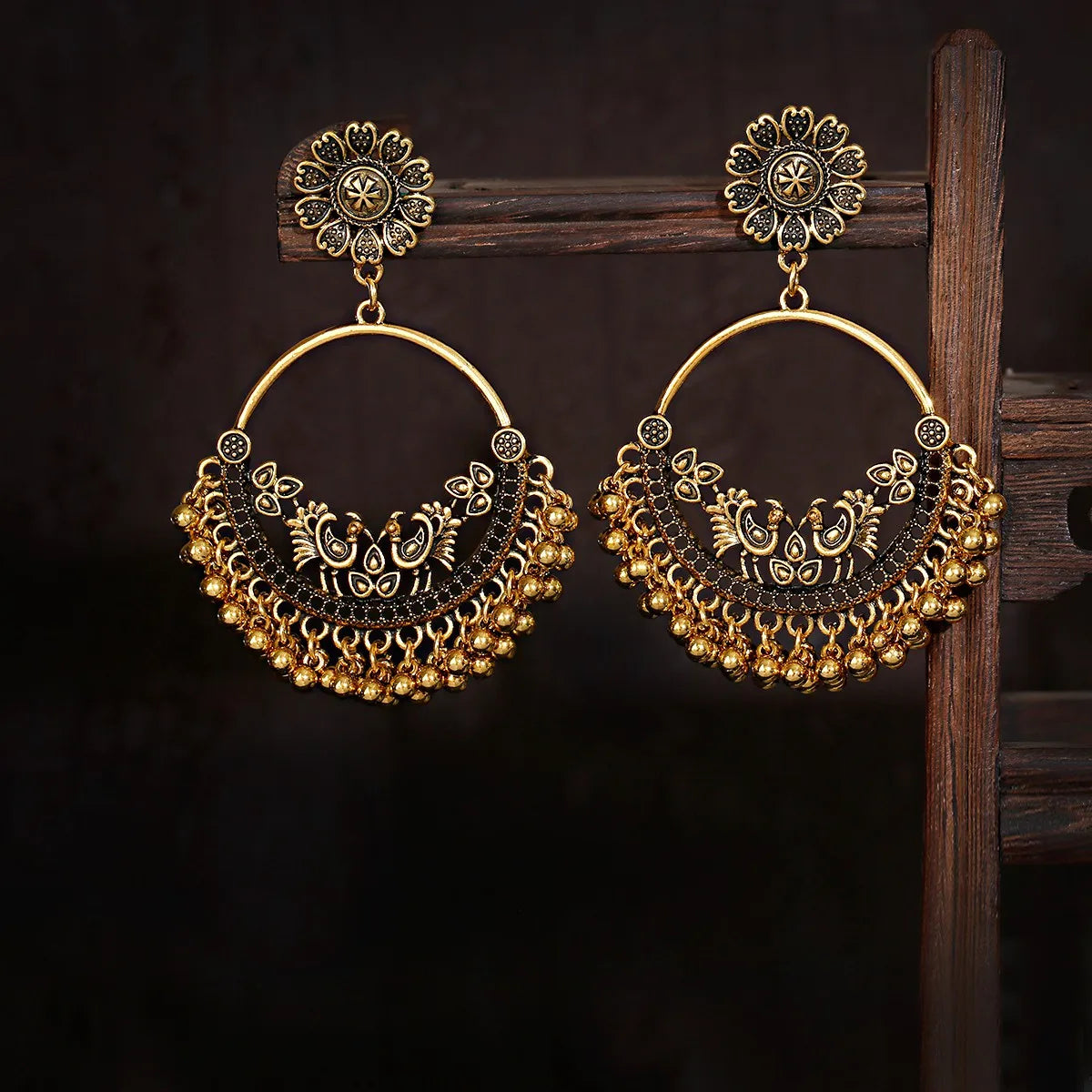 Vintage Jewelry Women's Long Gold Tassel Gypsy Indian Earrings Women's Vintage Round Bell Jhumka Earrings