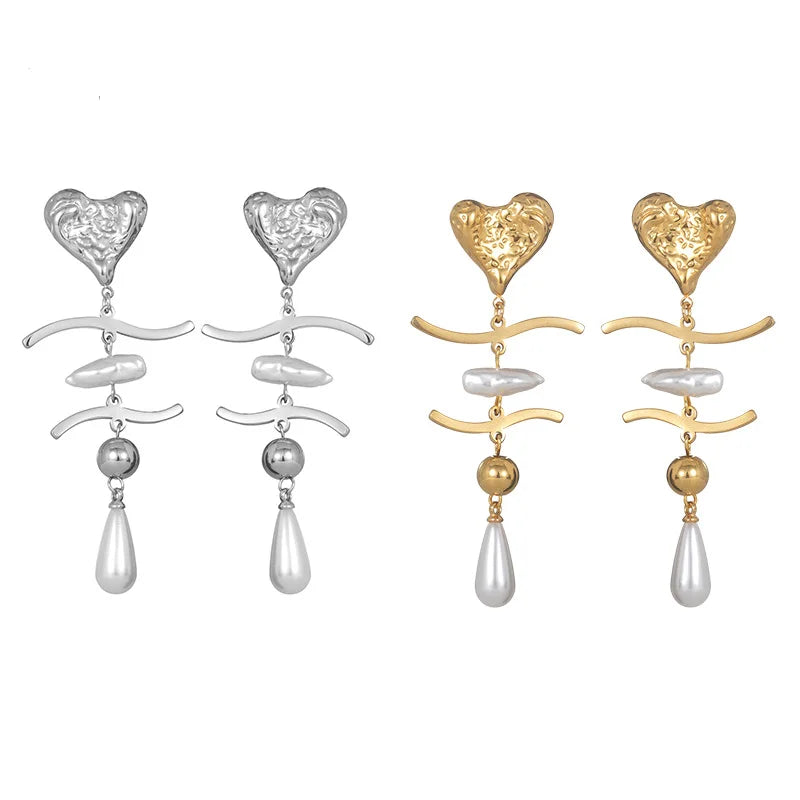 Hot Selling Fashion 18k Gold-plated Stainless Steel Heart-shaped Pearl Tassel Earrings for Women's Elegant Temperament Jewelry