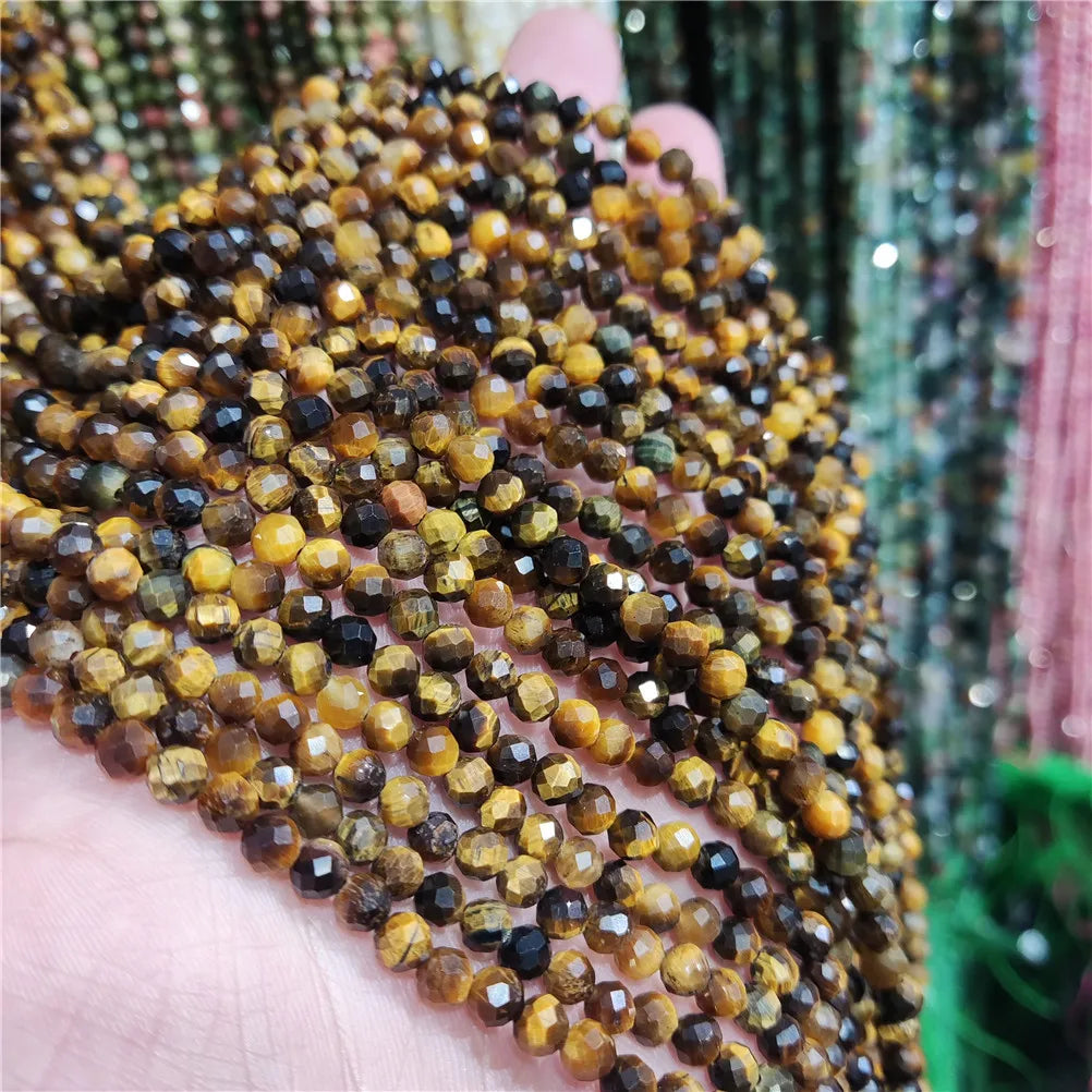 2mm 3mm 4mm Tiger Eye Loose Beads Faceted Genuine Natural Gemstone Cutting Loose Gemstone Strand Beads for Jewelry Making