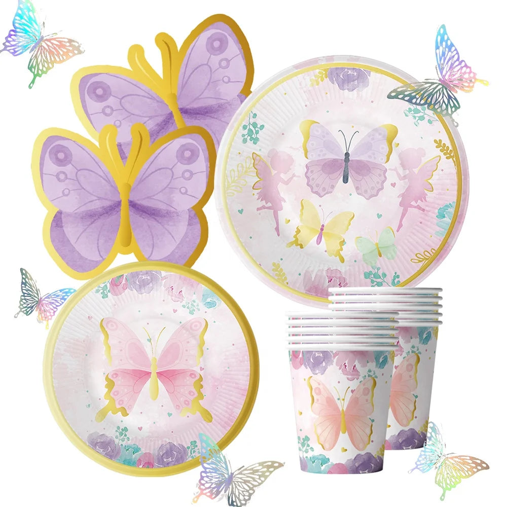 PAFU Butterfly Birthday Party Supplies Disposable Gold Butterfly Wall Decor Tableware Plates Napkins Cups