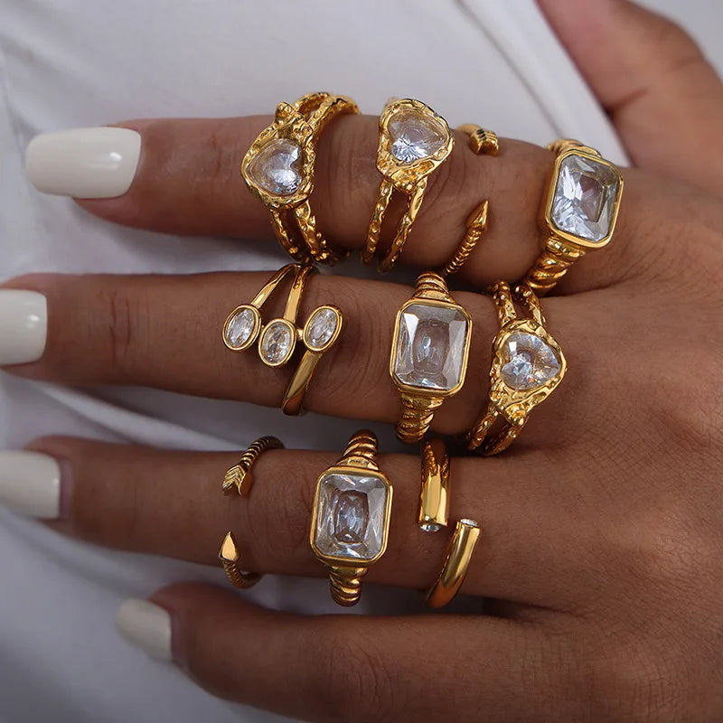 Tarnish Free Fashion Jewelry 18K Gold Plated Open Rings Stainless Steel Women's Gemstone Rings Wholesale