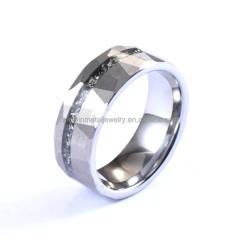 8mm Silver Hammered Tungsten Wedding Band Ring Inlay Meteorite Shaving Unisex Men's Trendy Engagement Party Anniversary