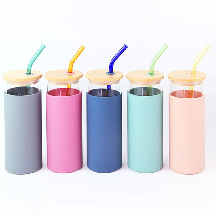 Tumbler with silicone sleeve glass bottle with bamboo lid and straw kids water bottle milk and juice high beauty