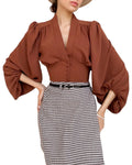 Spring New in Stock Office Ladies Wear Woven Button V Neck Slim Cropped Puff Sleeve Women Tops