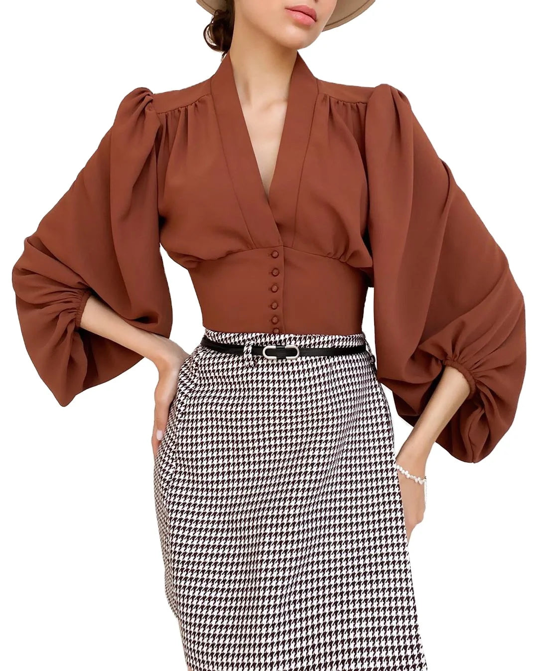 Spring New in Stock Office Ladies Wear Woven Button V Neck Slim Cropped Puff Sleeve Women Tops