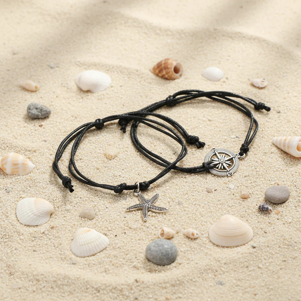 Hot Selling Best Friend Bracelets Metal Starfish and Compass Charms Rope Braided Bracelets BFF Wrap Bangle Gift