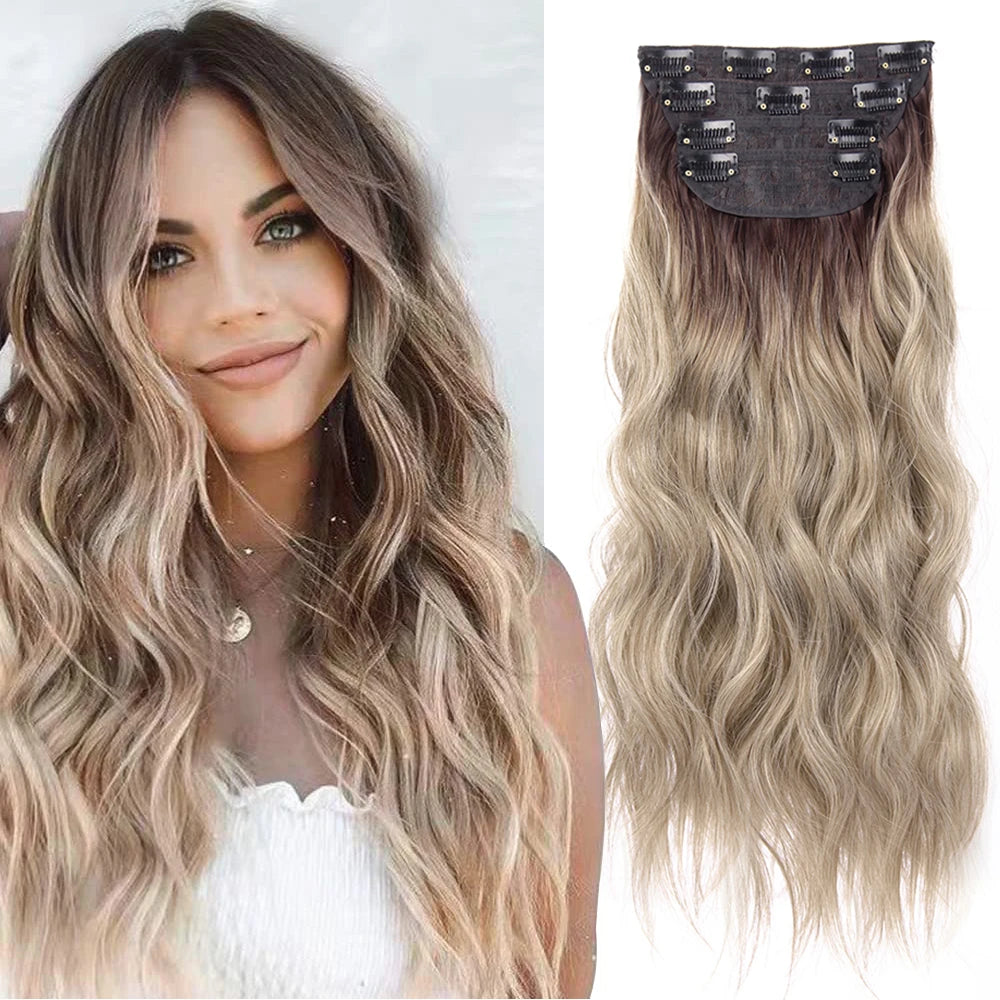 Alileader Premium High-Temperature Synthetic Hair Clips Long Wave Hair Pieces for Women Clip-In Hair Extensions
