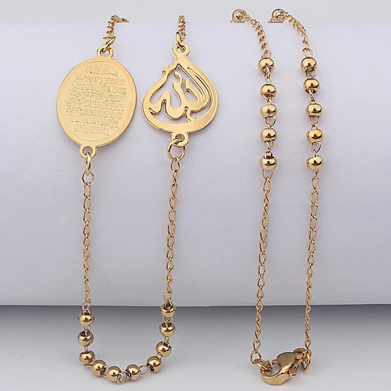 Stainless Steel Muslim Arabic Printed Pendant Necklace Long Chain Beads Rosary Necklace Koran Jewelry