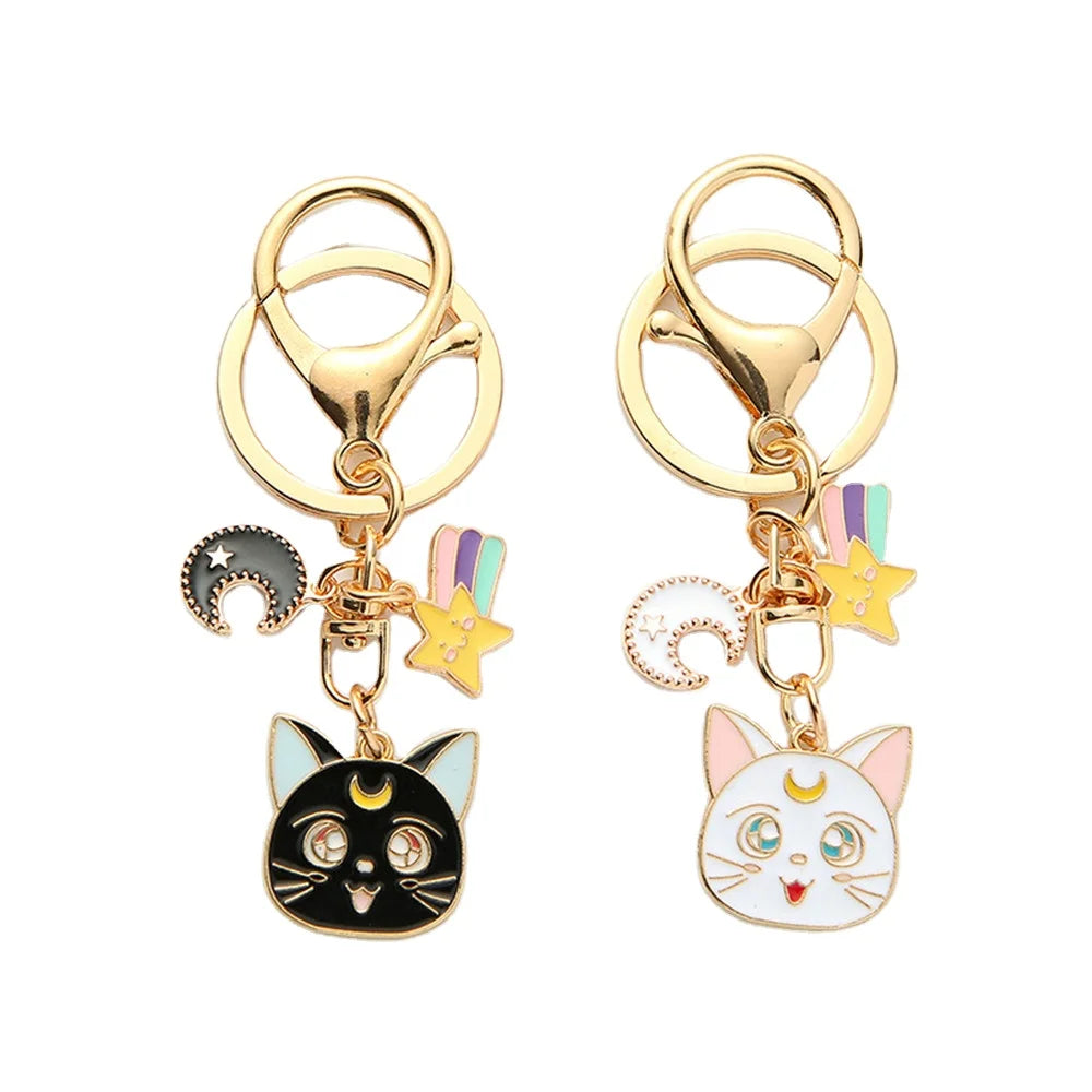 Cute Cat Head Key Chain Marinero Small Moon Star Kitten Anime Keychain Metal Pendant Girls Personality Bag Charm Jewelry Keyring