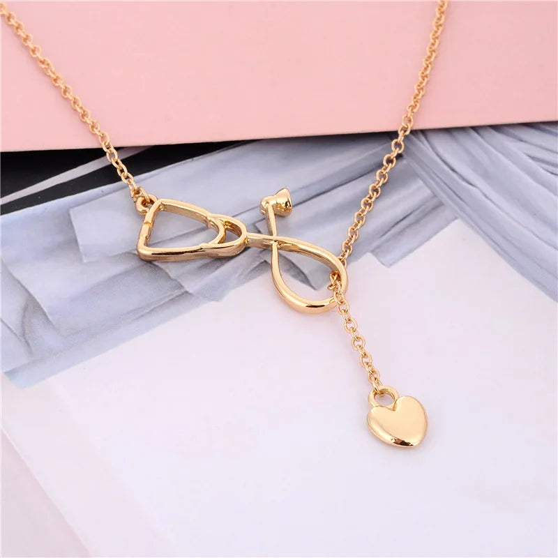 Trendy Dainty Crystal Heart Pendant Necklace Gold Plated Nurse Doctor Stethoscope Shape with Diamond Link Chain