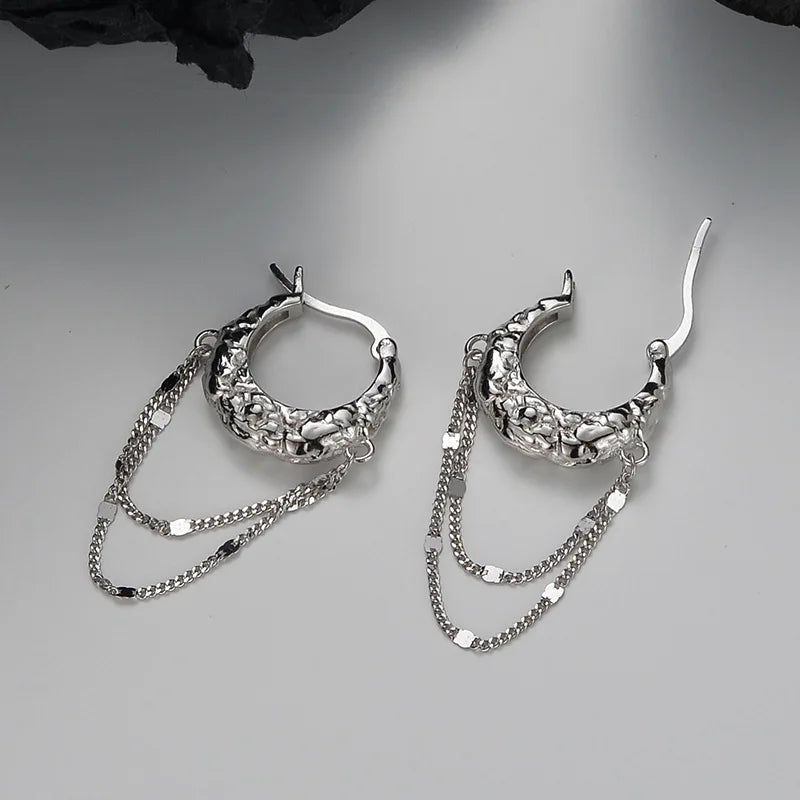 Chic Style 925 Sterling Silver Earrings Irregular Lava Texture Stud Earrings with Feminine Tassel Trendy Fashionable Stylish