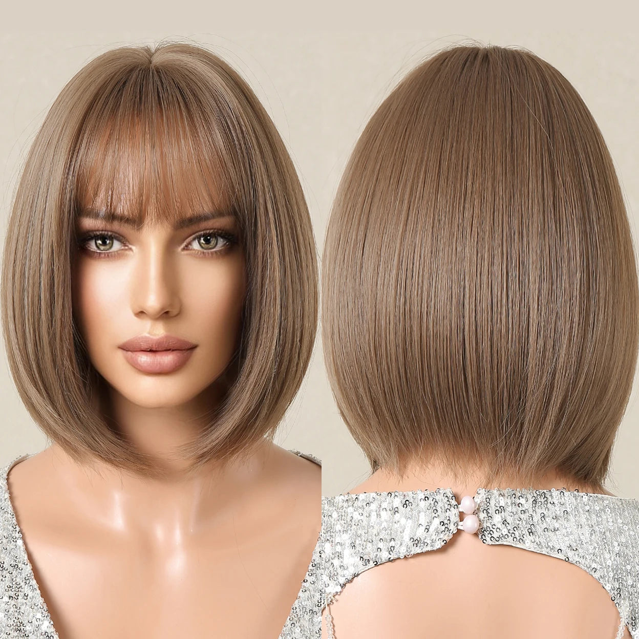 Factory Outlet Short Straight Dirty Blonde Bob Synthetic Wig with Bangs for Black Woman Daily Use Heat Resistant Fiber