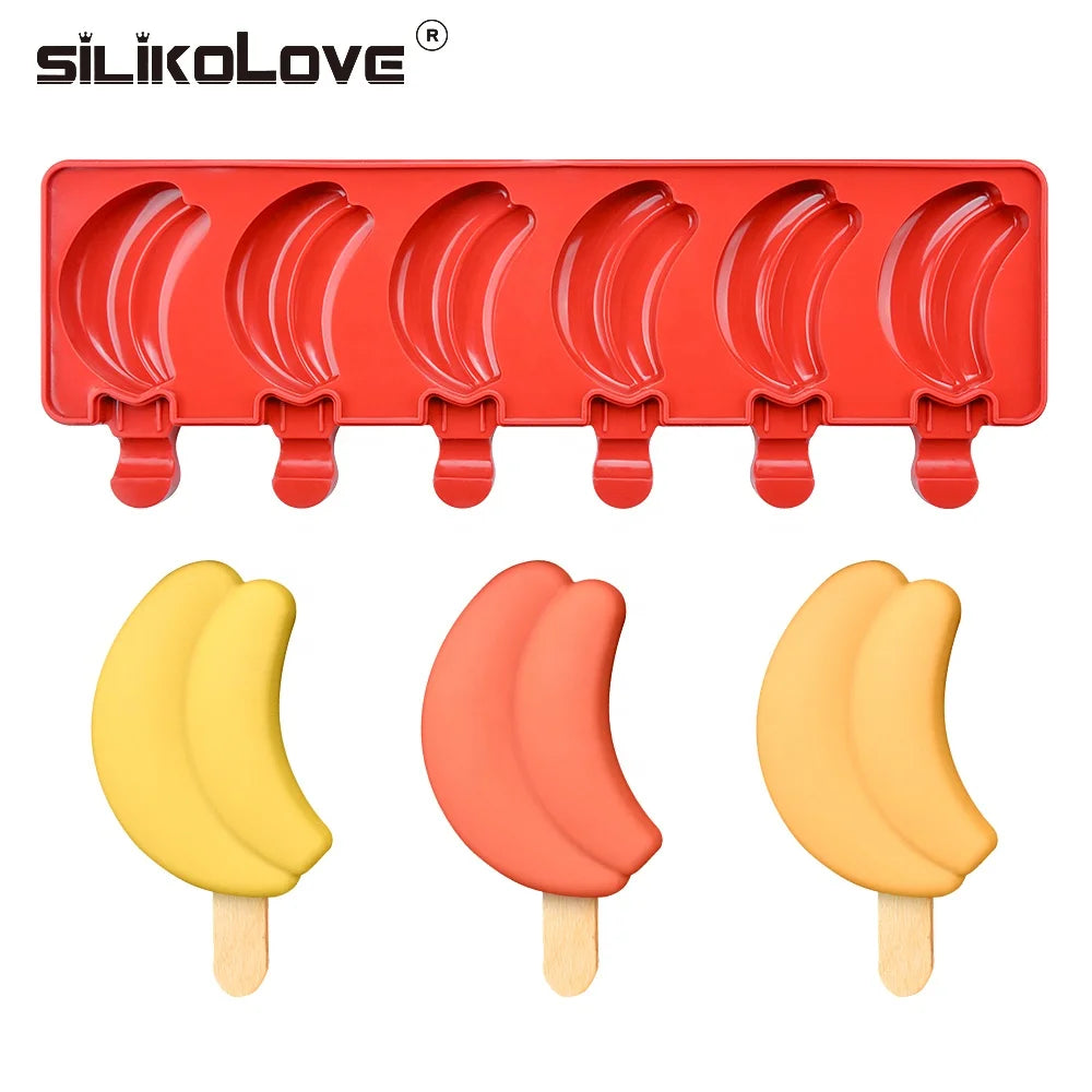 NEW 6 Grids Banana Shape Ice Cream Mold Silicone Maker With Popsicle Candy bar Form BPA Free Fruit Ice Lolly Tray Moulds