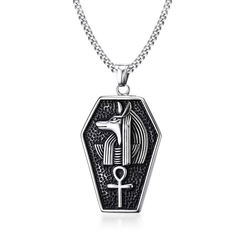Vintage Ancient Egyptian Myth Death Gods Anubis Ankh Necklace Stainless Steel Wolf Cross of Life Silver Pendant Necklace Men
