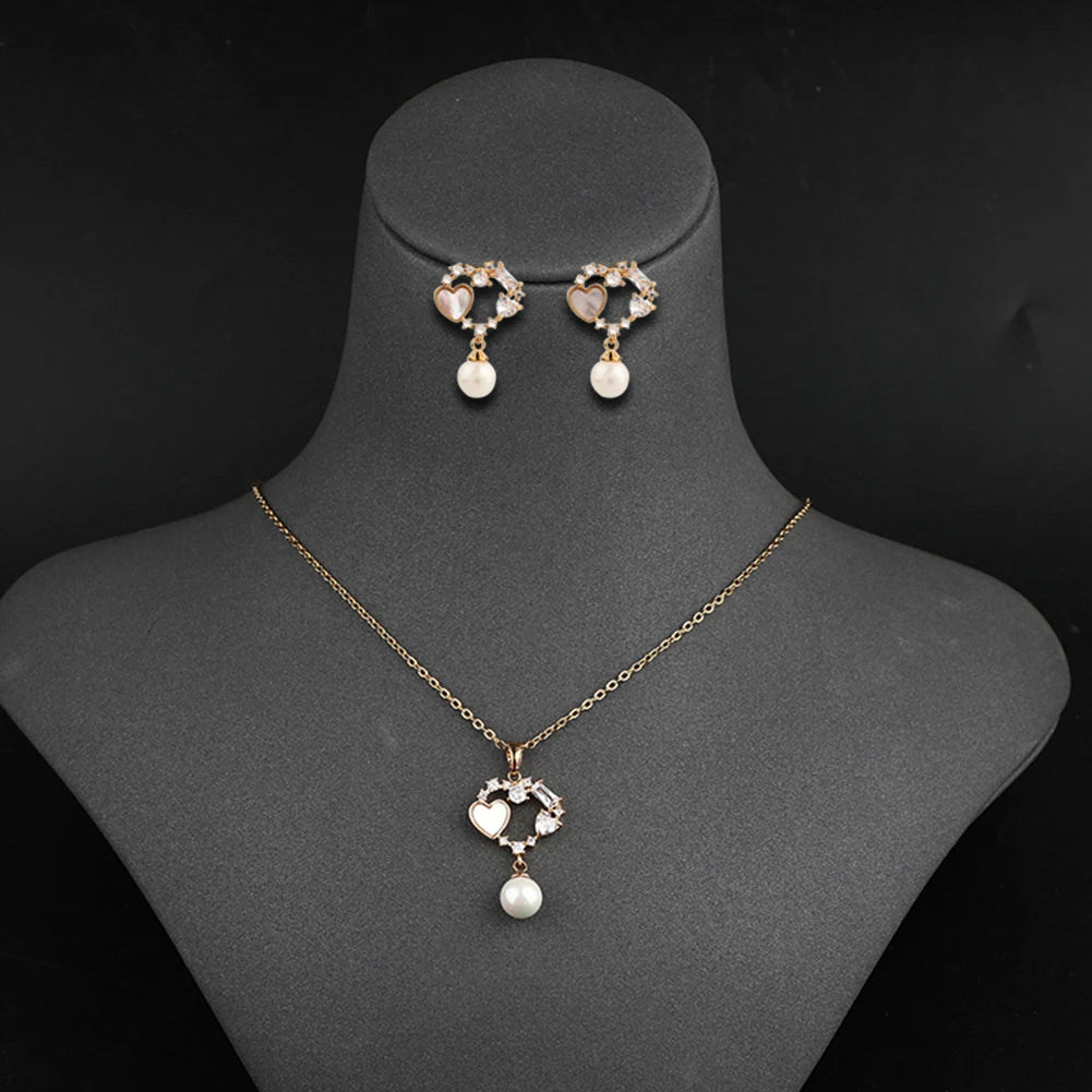 Fashion Gold Plated Trendy Jewelry Sets for Girls Pearl Heart Pendant Necklace and Earring Set Women