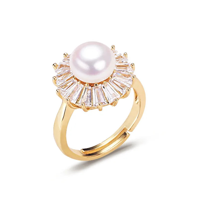 Wholesale Price Women Fashion Jewelry 18K Gold Plated Zircon Diamond Finger Real Freshwater Pearl Woman Adjustable Ring