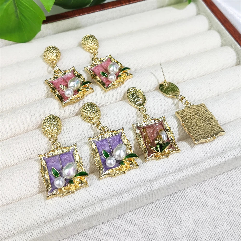 New Arrivals French Oil Painting Monet's Garden Flower Pattern Drop Earrings Vintage Gold Plated Rectangle Pearl Stud Earrings
