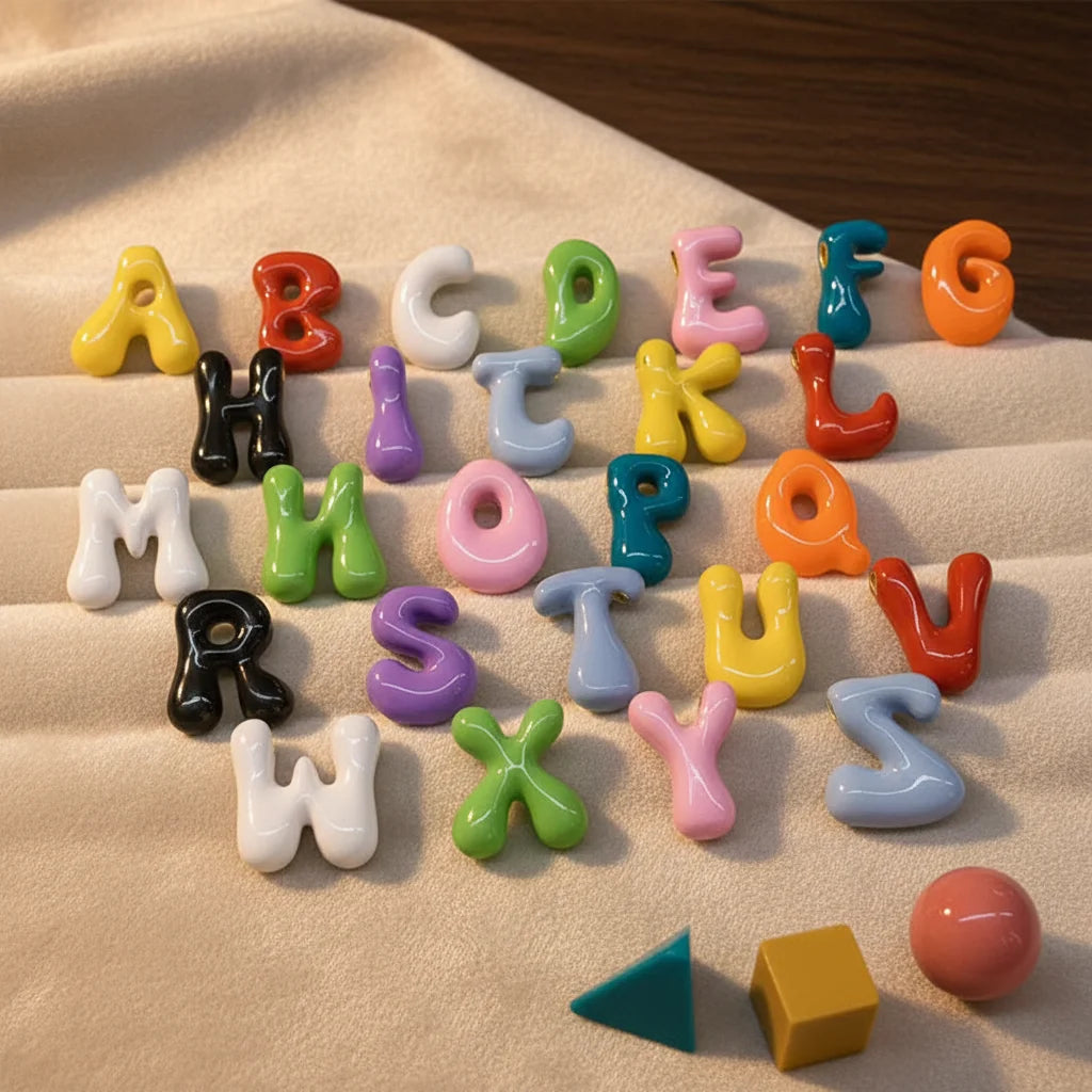 JS1910 Cute 18k Gold Plated Enamel Colorful Multi Colored Bubble Balloon Puff Puffy Alphabet Initial Letter Charms Pendants