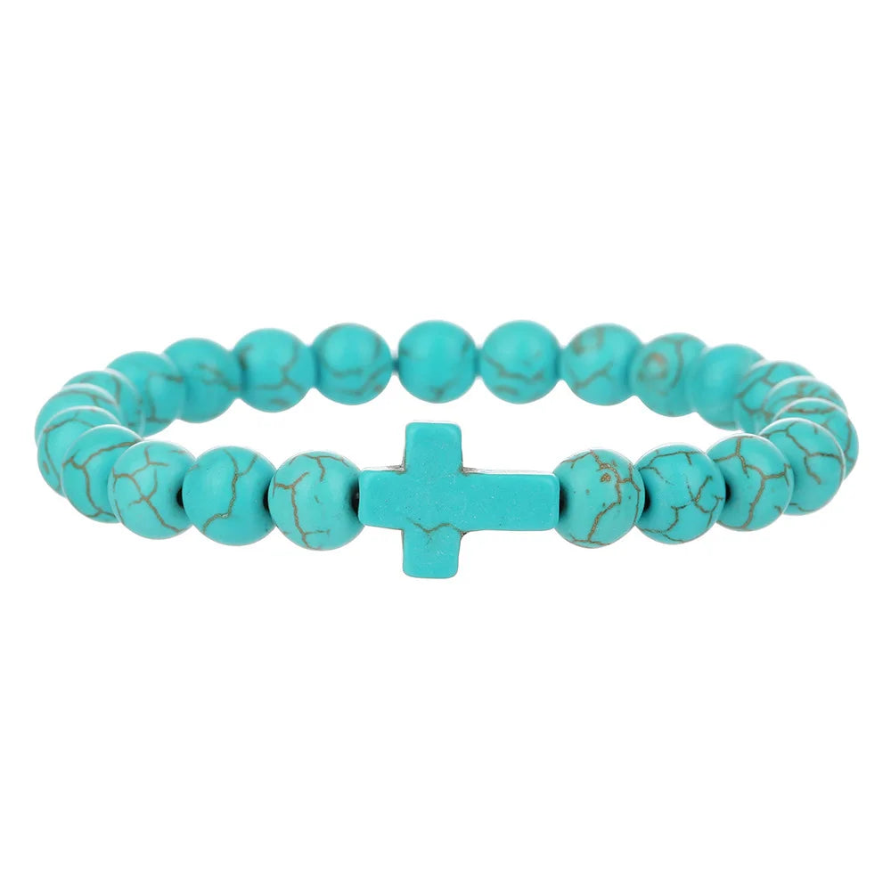 Hot Selling Turquoise Cross Beaded Men's Jewelry Tiger Eye Stone White Pine Obsidian Lapis Lazuli  Bracelet
