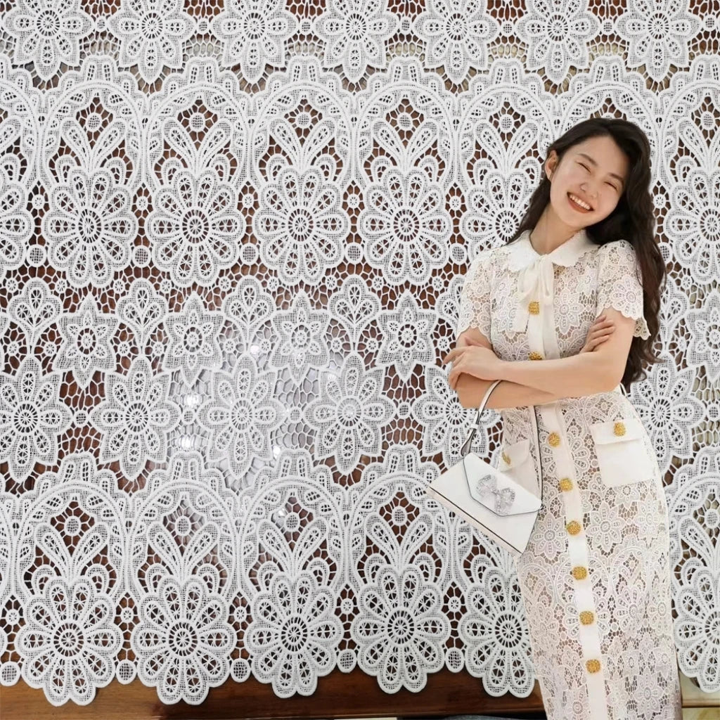 130CM Width 3D Flower French Lace Fabric Luxury Black and White Polyester Embroidery Lace Fabric
