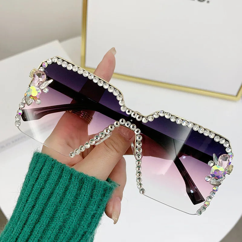 Oversized Rimless Sun Glasses Women Diamond Shades Sunglasses Eyewear UV400 Luxury Glasses Shades Gafas De Sol De Diamante